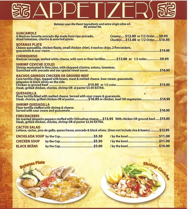 Botanas appetizers menu page