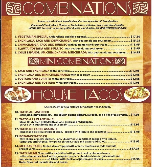 Botanas combinations and house tacos menu page