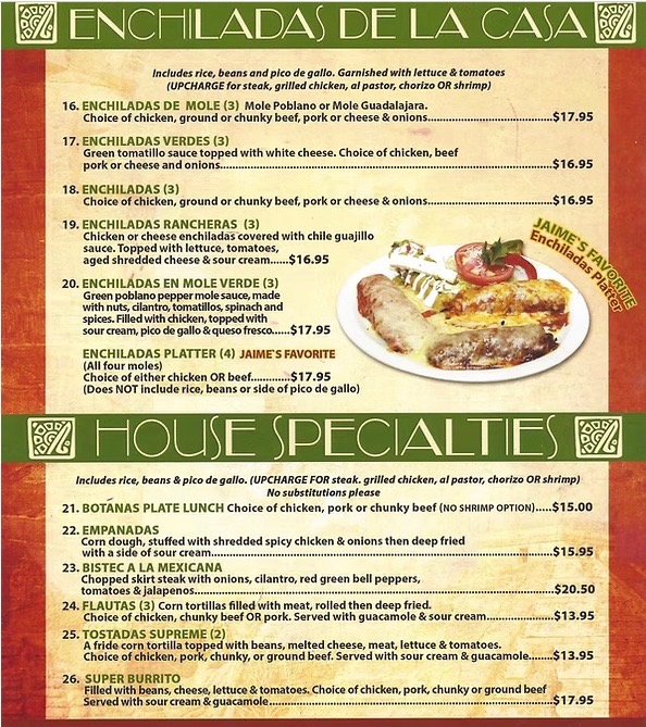 Botanas enchiladas and specialties menu page