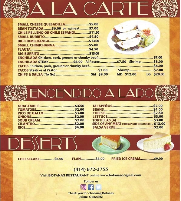 Botanas a la carte, sides, and desserts menu page