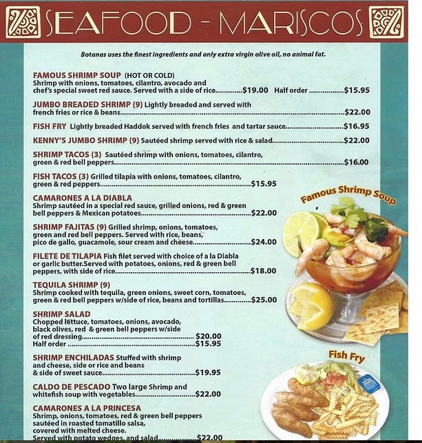 Botanas seafood menu page