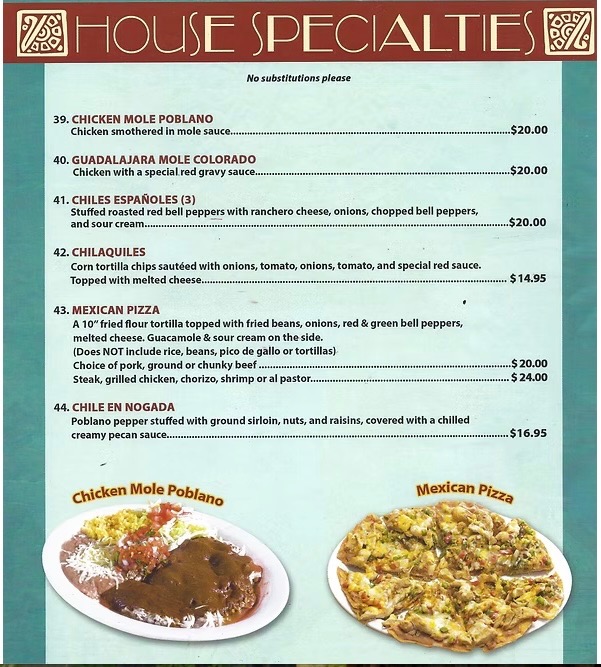 Botanas house specialties menu page